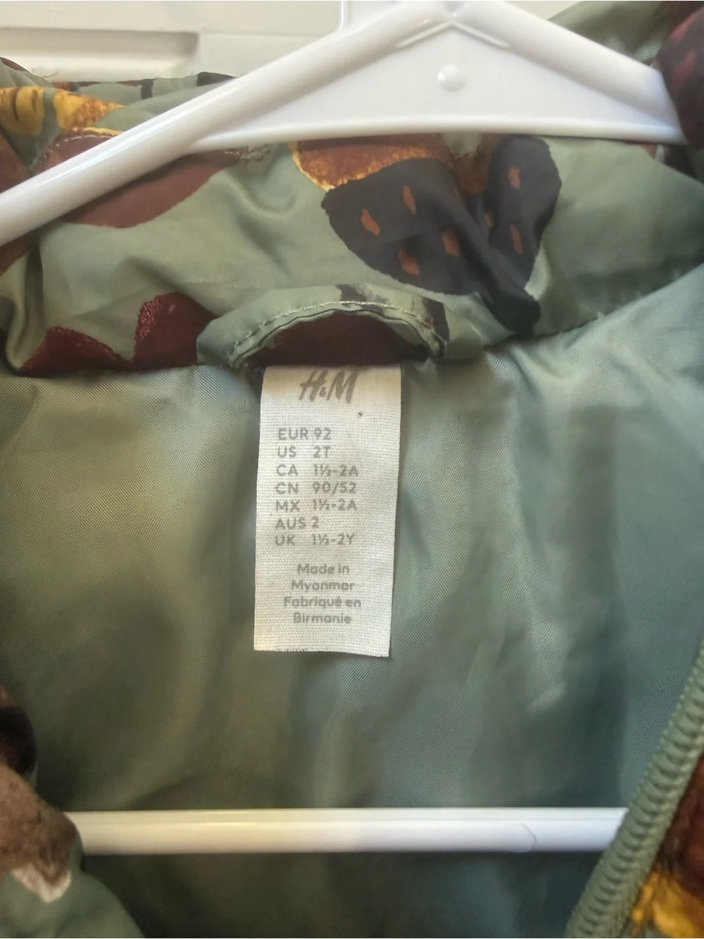 H&M Sage Green Kids Hooded Puffer Jacket with Autumn Motif